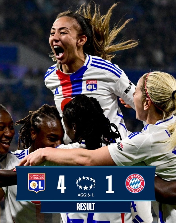 里昂女足4-1大勝拜仁女足，總比分6-1晉級女足歐冠半決賽